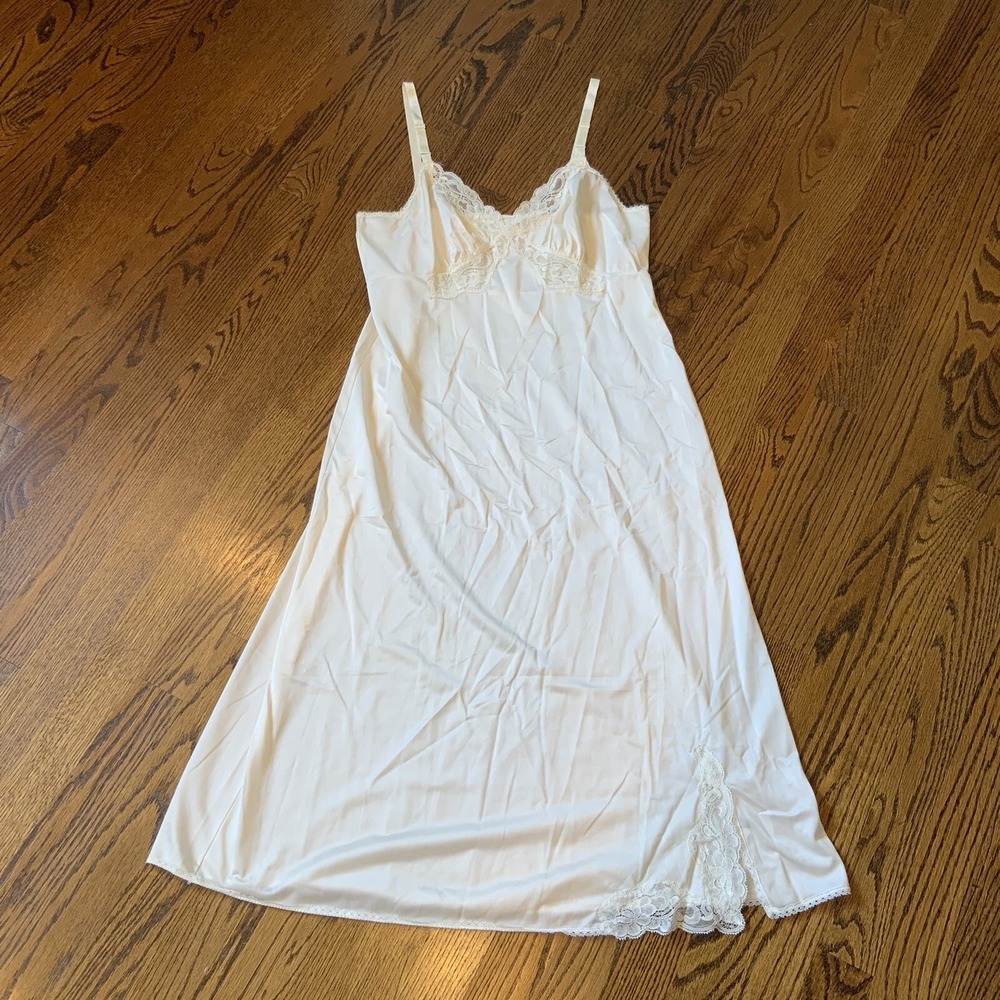 Vintage Shadowline Chemise Dress Size 36MS Ivory Slip 70s Retro Coquette Fairy